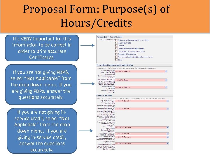 Proposal Form: Purpose(s) of Hours/Credits It’s VERY important for this information to be correct