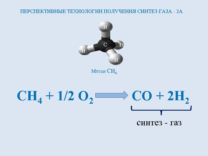 ПЕРСПЕКТИВНЫЕ ТЕХНОЛОГИИ ПОЛУЧЕНИЯ СИНТЕЗ-ГАЗА - 2 А H C H H H Метан CH