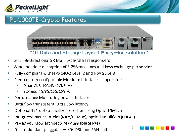 PL-1000 TE-Crypto Features “ 1 U Data and Storage Layer-1 Encryption solution” • •