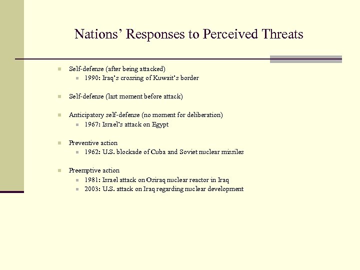 Nations’ Responses to Perceived Threats n Self-defense (after being attacked) n 1990: Iraq’s crossing