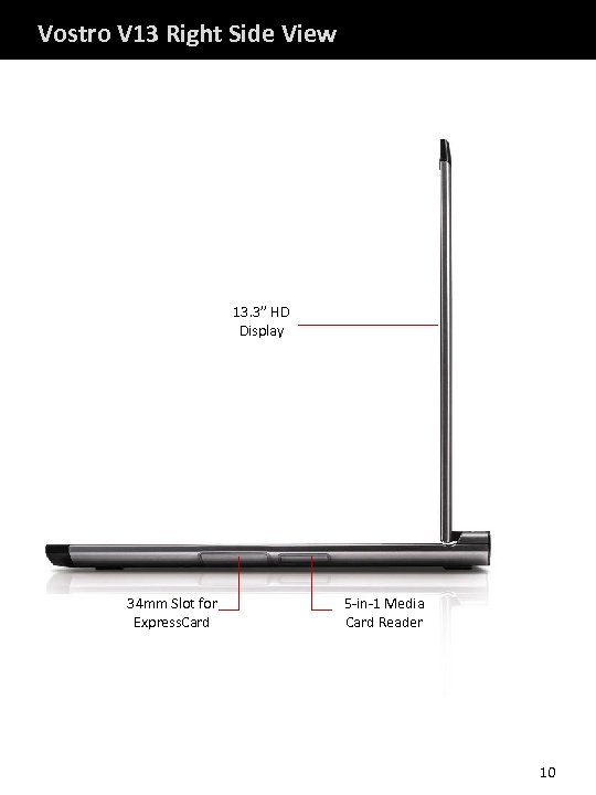 Vostro V 13 Right Side View 13. 3” HD Display 34 mm Slot for