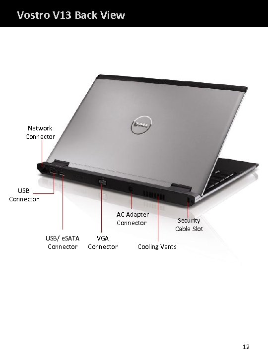 Vostro V 13 Back View Network Connector USB Connector AC Adapter Connector USB/ e.