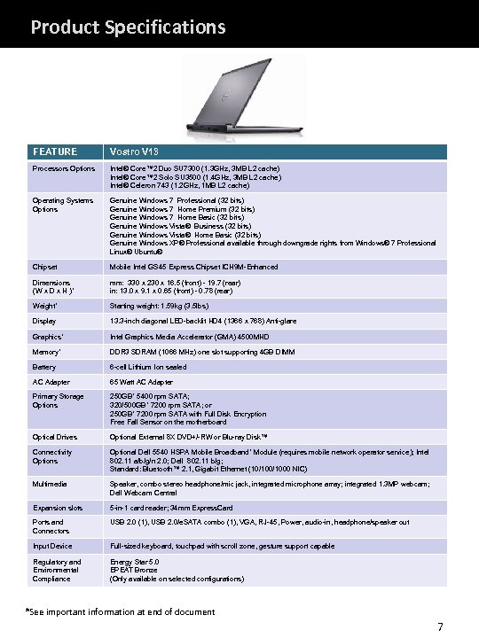 Product Specifications FEATURE Vostro V 13 Processors Options Intel® Core™ 2 Duo SU 7300