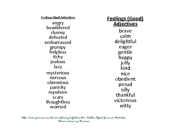 Feelings (Bad) Adjectives angry bewildered clumsy defeated embarrassed grumpy helpless itchy jealous lazy mysterious