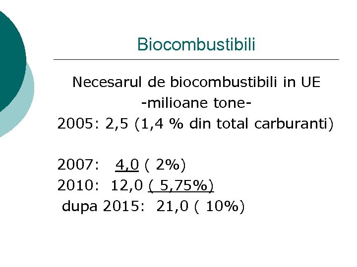 Biocombustibili Necesarul de biocombustibili in UE -milioane tone 2005: 2, 5 (1, 4 %