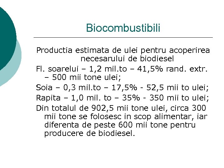 Biocombustibili Productia estimata de ulei pentru acoperirea necesarului de biodiesel Fl. soarelui – 1,