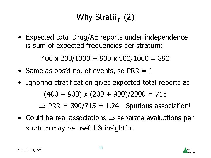 Why Stratify (2) • Expected total Drug/AE reports under independence is sum of expected