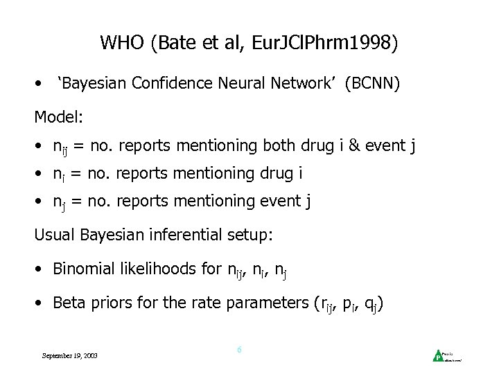 WHO (Bate et al, Eur. JCl. Phrm 1998) • ‘Bayesian Confidence Neural Network’ (BCNN)