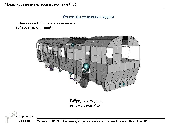 Моделирование рельсовых экипажей (3) Основные решаемые задачи • Динамика РЭ с использованием гибридных моделей