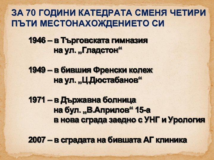 ЗА 70 ГОДИНИ КАТЕДРАТА СМЕНЯ ЧЕТИРИ ПЪТИ МЕСТОНАХОЖДЕНИЕТО СИ 1946 – в Търговската гимназия