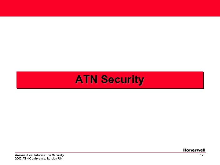 ATN Security Aeronautical Information Security 2002 ATN Conference, London UK 12 