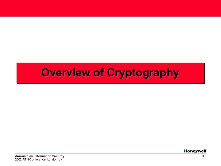 Overview of Cryptography Aeronautical Information Security 2002 ATN Conference, London UK 6 