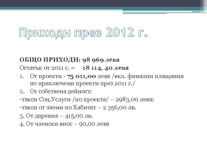 Приходи през 2012 г. ОБЩО ПРИХОДИ: 98 969 лева Остатък от 2011 г. –