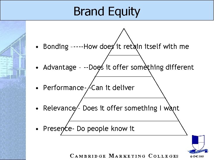 Brand Equity • Bonding –----How does it retain itself with me • Advantage –