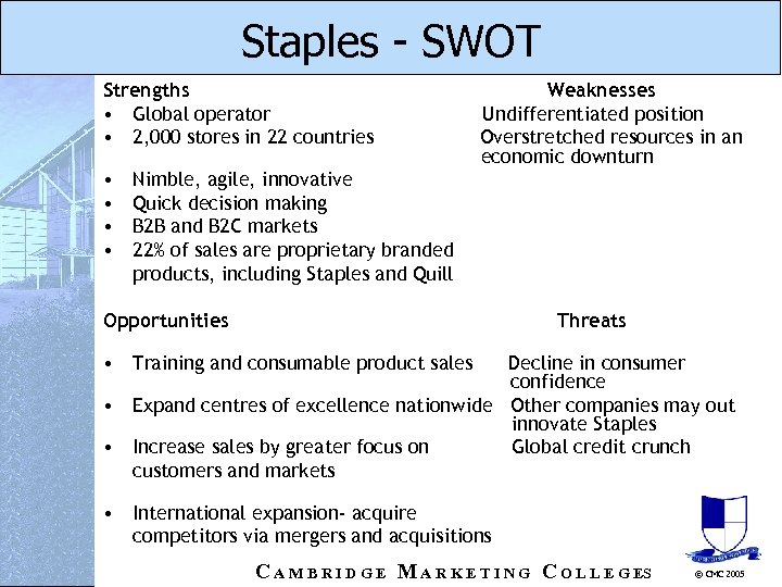 Staples - SWOT Strengths • Global operator • 2, 000 stores in 22 countries