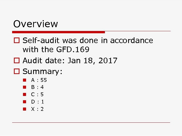 Overview o Self-audit was done in accordance with the GFD. 169 o Audit date: