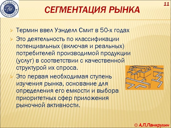 СЕГМЕНТАЦИЯ РЫНКА Ø Ø Ø 11 Термин ввел Уэнделл Смит в 50 -х годах