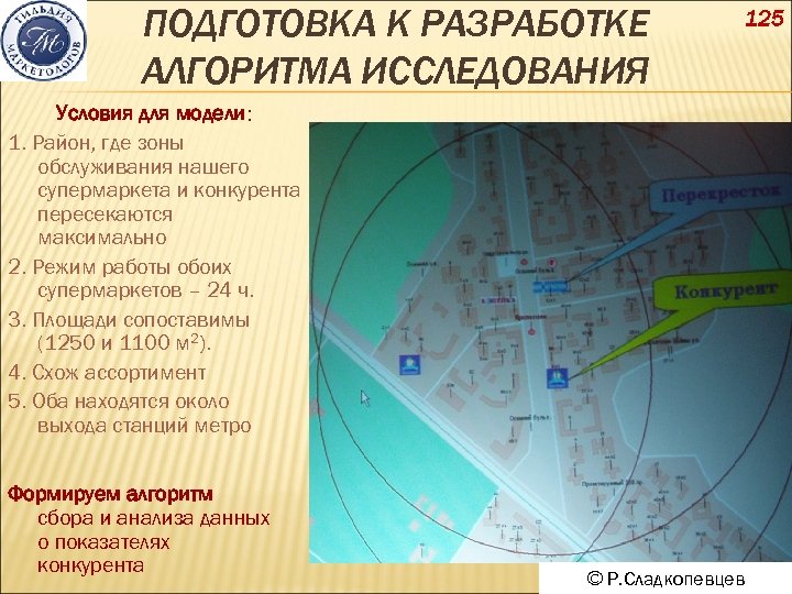 ПОДГОТОВКА К РАЗРАБОТКЕ АЛГОРИТМА ИССЛЕДОВАНИЯ 125 Условия для модели: 1. Район, где зоны обслуживания