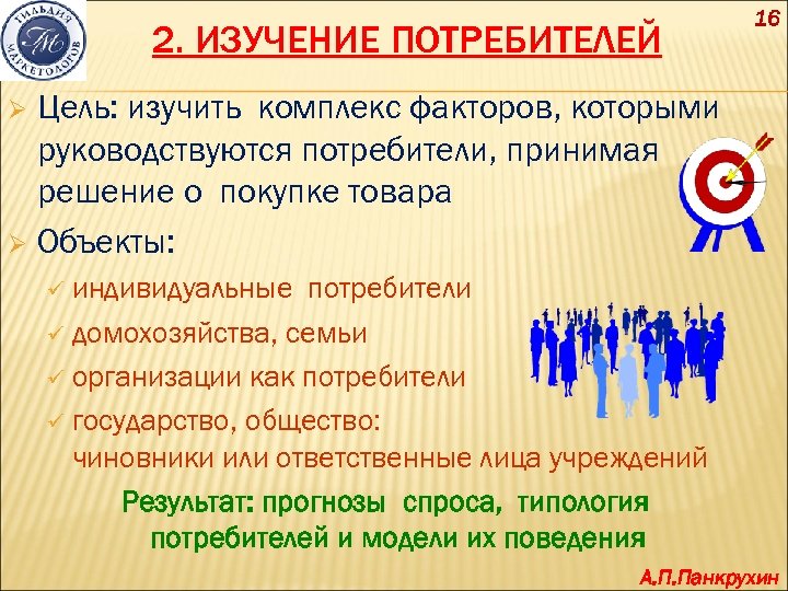 2. ИЗУЧЕНИЕ ПОТРЕБИТЕЛЕЙ 16 Цель: изучить комплекс факторов, которыми руководствуются потребители, принимая решение о