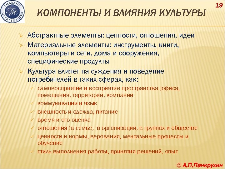 КОМПОНЕНТЫ И ВЛИЯНИЯ КУЛЬТУРЫ Ø Ø Ø 19 Абстрактные элементы: ценности, отношения, идеи Материальные