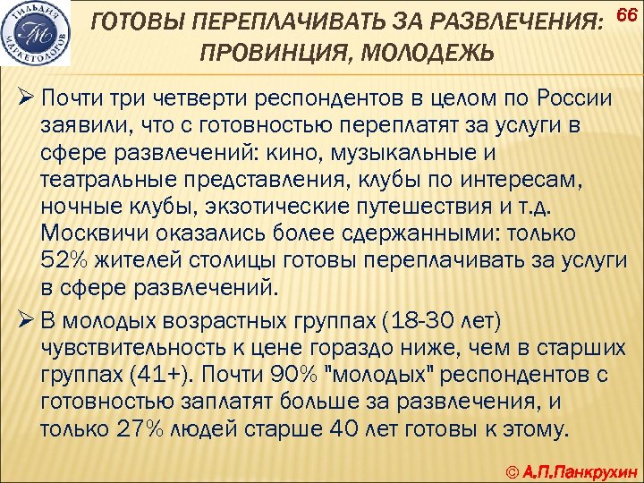 ГОТОВЫ ПЕРЕПЛАЧИВАТЬ ЗА РАЗВЛЕЧЕНИЯ: ПРОВИНЦИЯ, МОЛОДЕЖЬ 66 Ø Почти три четверти респондентов в целом