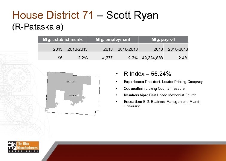 House District 71 – Scott Ryan (R-Pataskala) Mfg. establishments Mfg. employment 2013 2010 -2013