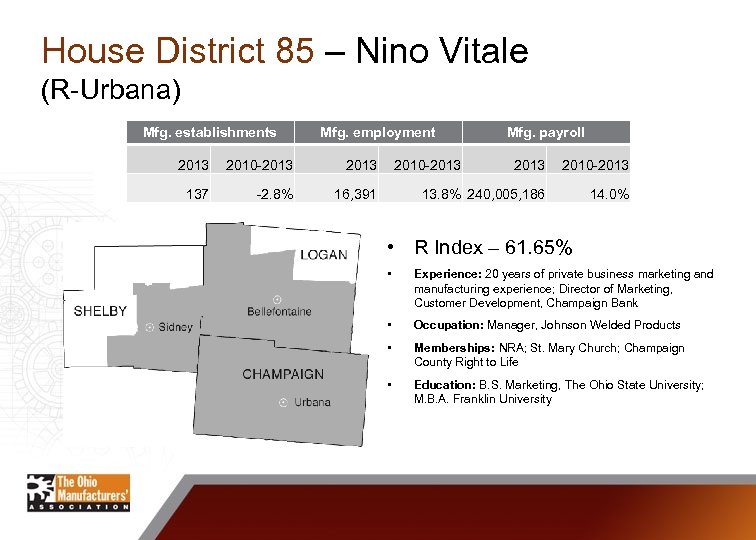 House District 85 – Nino Vitale (R-Urbana) Mfg. establishments Mfg. employment 2013 2010 -2013