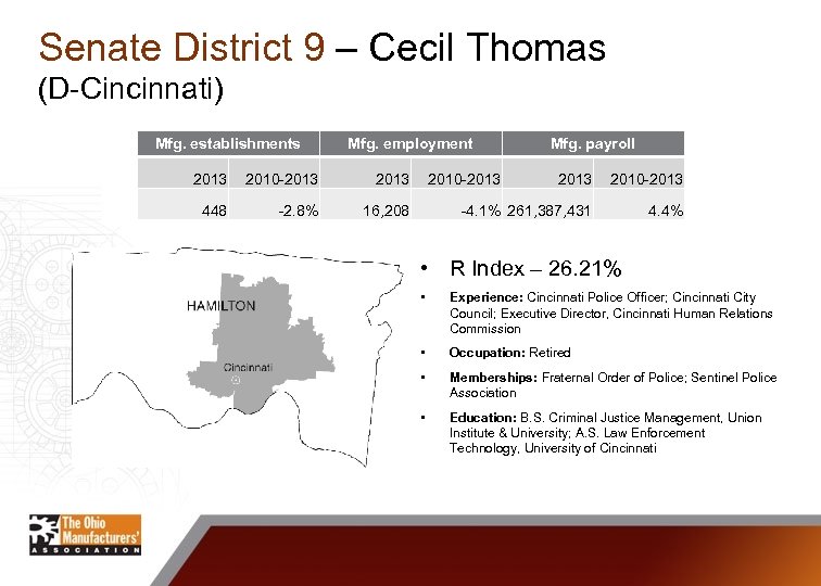 Senate District 9 – Cecil Thomas (D-Cincinnati) Mfg. establishments Mfg. employment 2013 2010 -2013