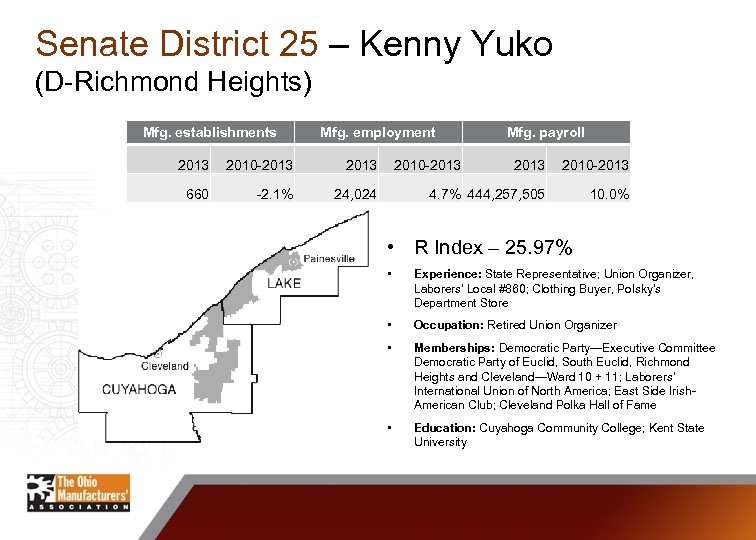 Senate District 25 – Kenny Yuko (D-Richmond Heights) Mfg. establishments Mfg. employment 2013 2010