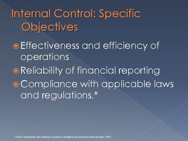 Internal Control: Specific Objectives Effectiveness and efficiency of operations Reliability of financial reporting Compliance