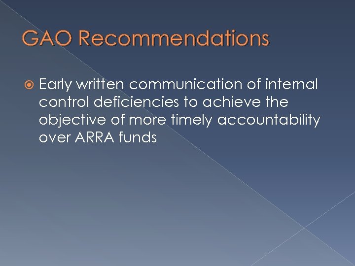 GAO Recommendations Early written communication of internal control deficiencies to achieve the objective of