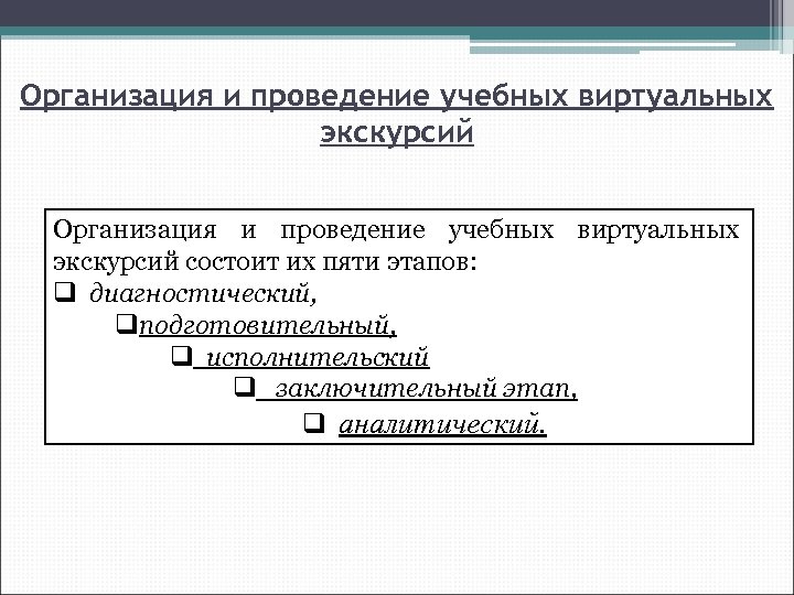 Организация и проведение учебных виртуальных экскурсий состоит их пяти этапов: q диагностический, qподготовительный, q