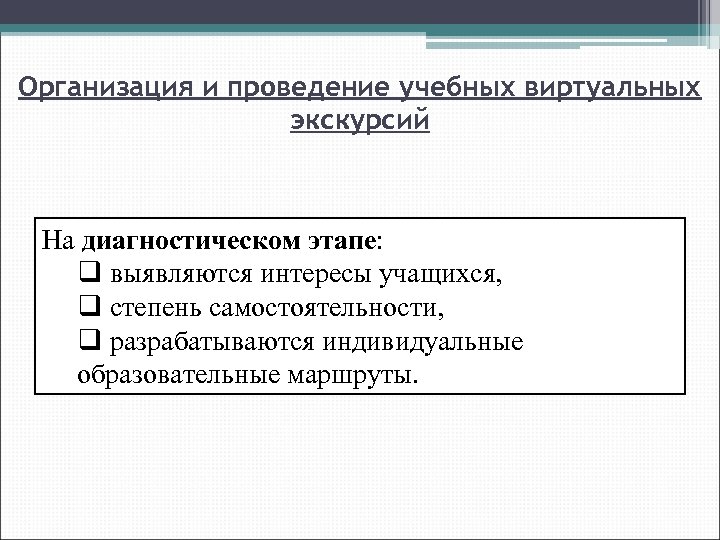 Организация и проведение учебных виртуальных экскурсий На диагностическом этапе: q выявляются интересы учащихся, q