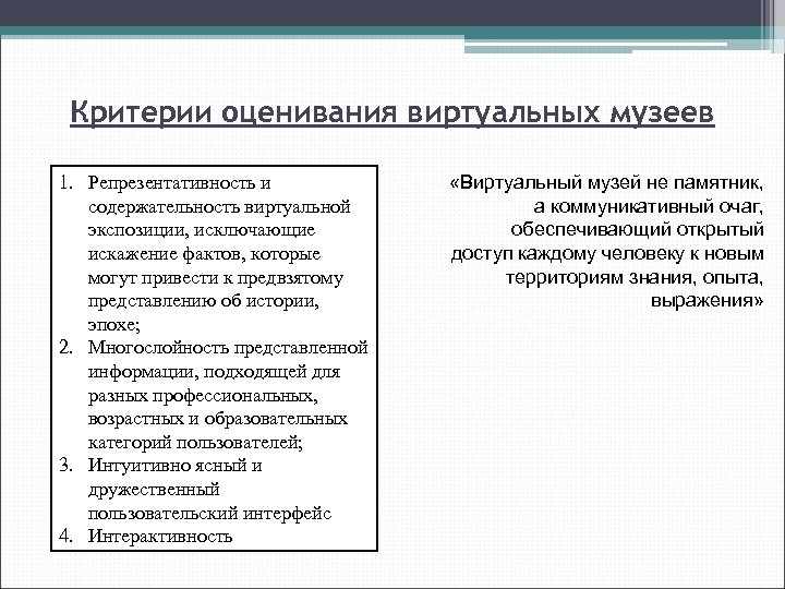 Критерии оценивания виртуальных музеев 1. Репрезентативность и содержательность виртуальной экспозиции, исключающие искажение фактов, которые