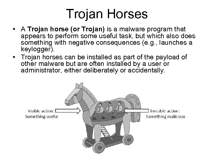 Trojan Horses • A Trojan horse (or Trojan) is a malware program that appears