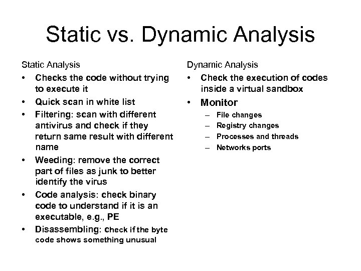 Static vs. Dynamic Analysis Static Analysis • Checks the code without trying to execute