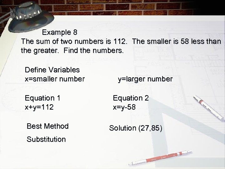 Example 8 The sum of two numbers is 112. The smaller is 58 less