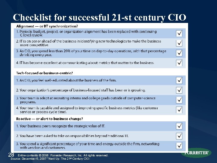 Checklist for successful 21 -st century CIO 28 Entire contents © 2008 Forrester Research,