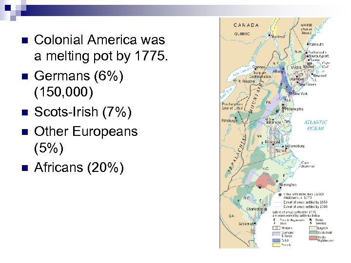 n n n Colonial America was a melting pot by 1775. Germans (6%) (150,