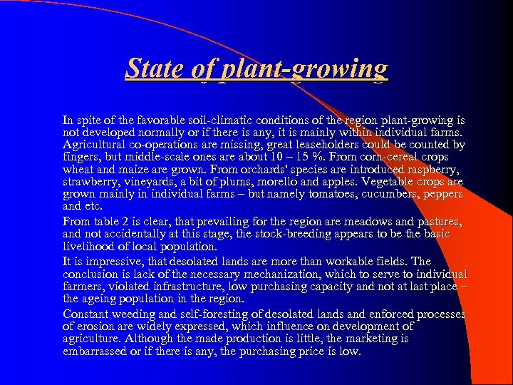 State of plant-growing In spite of the favorable soil-climatic conditions of the region plant-growing