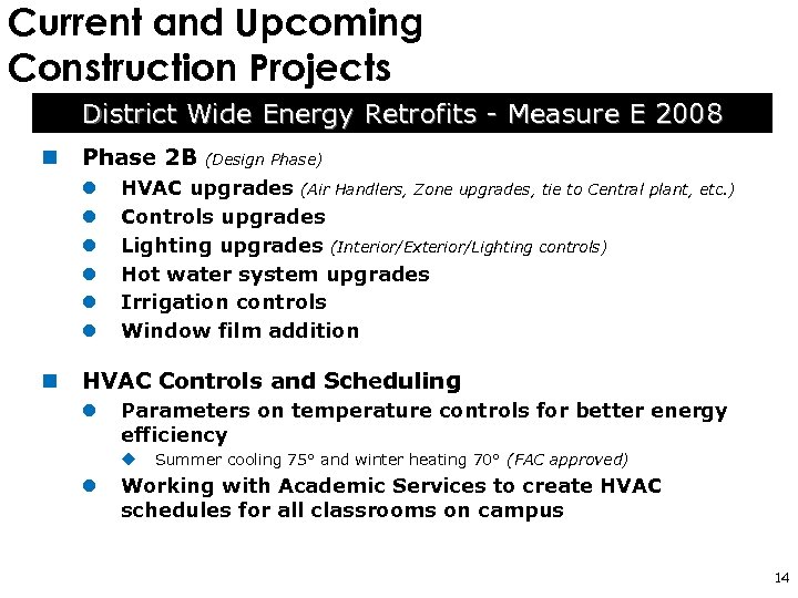 Current and Upcoming Construction Projects District Wide Energy Retrofits - Measure E 2008 n