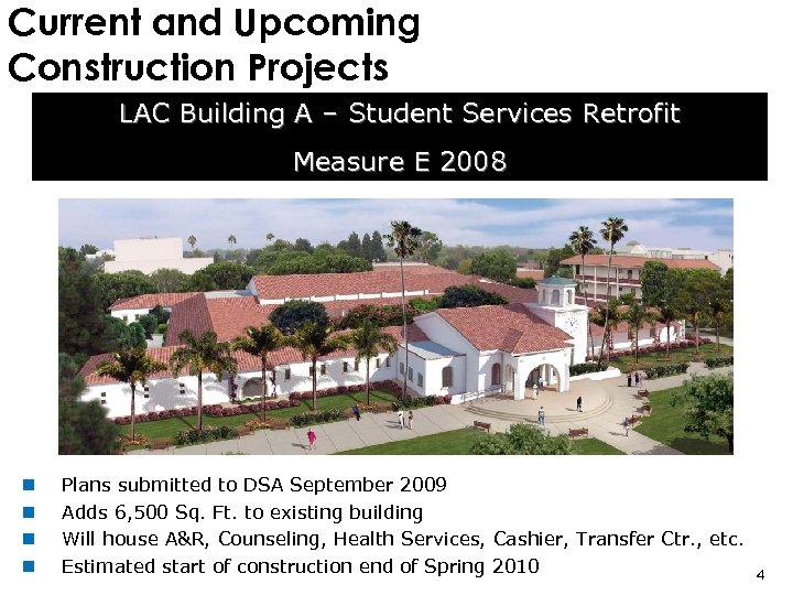 Current and Upcoming Construction Projects LAC Building A – Student Services Retrofit Measure E