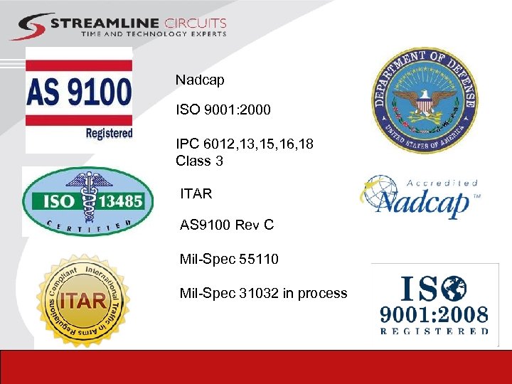 Nadcap ISO 9001: 2000 IPC 6012, 13, 15, 16, 18 Class 3 ITAR AS