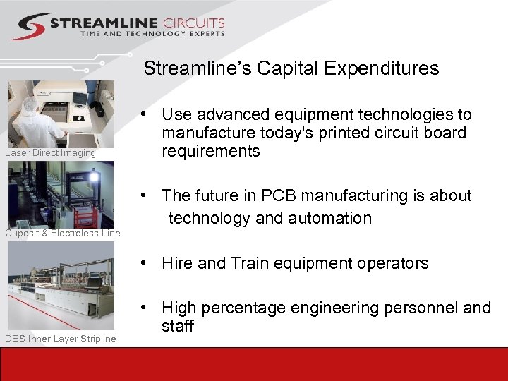  Streamline’s Capital Expenditures Laser Direct Imaging • Use advanced equipment technologies to manufacture