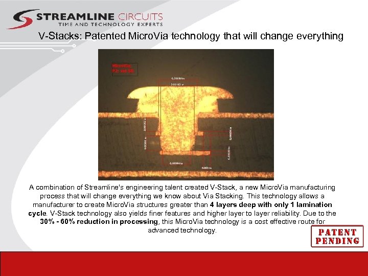 V-Stacks: Patented Micro. Via technology that will change everything A combination of Streamline's engineering