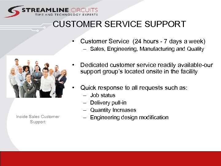  CUSTOMER SERVICE SUPPORT • Customer Service (24 hours - 7 days a week)