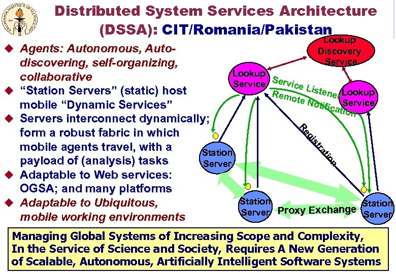 Distributed System Services Architecture (DSSA): CIT/Romania/Pakistan u Agents: Autonomous, Auto- u u Lookup Discovery