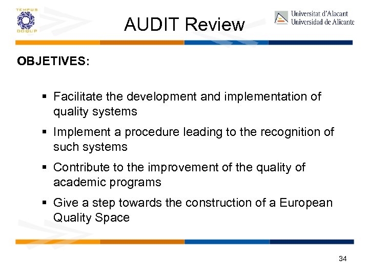 AUDIT Review OBJETIVES: § Facilitate the development and implementation of quality systems § Implement