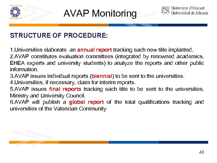 AVAP Monitoring STRUCTURE OF PROCEDURE: 1. Universities elaborate an annual report tracking each new