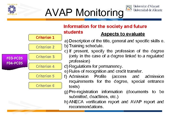 AVAP Monitoring Criterion 1 Criterion 2 F 03 -PC 05 F 04 -PC 05